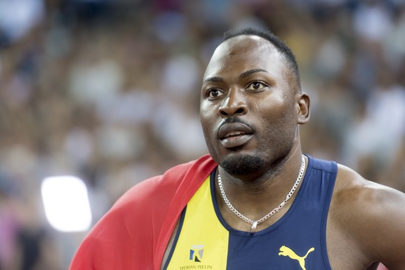 Alex Wilson from Switzerland reacts after competing in the men&#039;s 100m race, during the Weltklasse IAAF Diamond League international athletics meeting in the stadium Letzigrund in Zurich, Switzerl ...