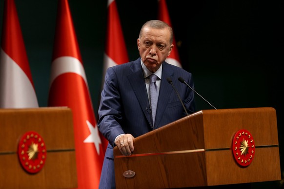 epa10911675 Turkish President Recep Tayyip Erdogan speaks during a press conference with Austrian Chancellor Karl Nehammer after their meeting in Ankara, Turkey, 10 October 2023. Nehammer is in Turkey ...
