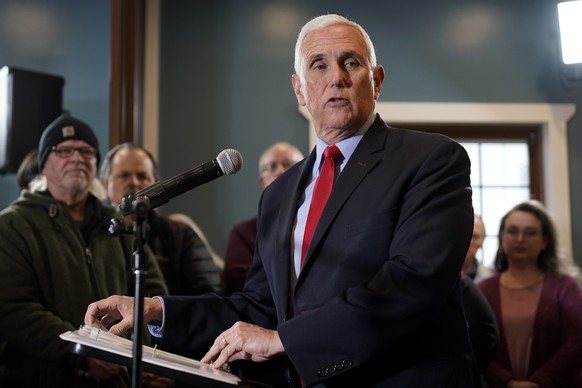 Former Vice President Mike Pence speaks during a parents rights rally Wednesday, Feb. 15, 2023, in Cedar Rapids, Iowa. (AP Photo/Charlie Neibergall)