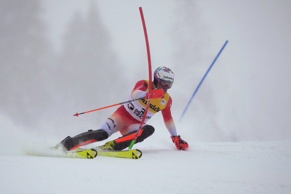 Switzerland&#039;s Daniel Yule competes during a men&#039;s World Cup slalom skiing race, Sunday, Feb. 26, 2023, in Olympic Valley, Calif. (AP Photo/John Locher)