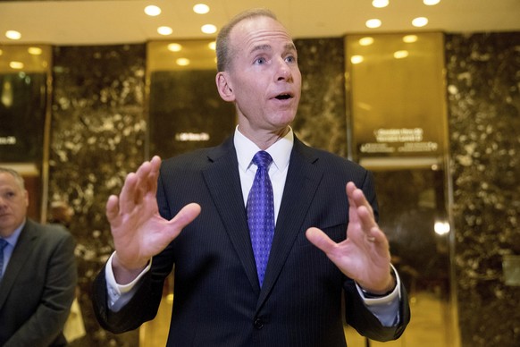 Boeing CEO Dennis Muilenburg speaks to members of the media after meeting with President-elect Donald Trump at Trump Tower in New York, Tuesday, Jan. 17, 2017. (AP Photo/Andrew Harnik)