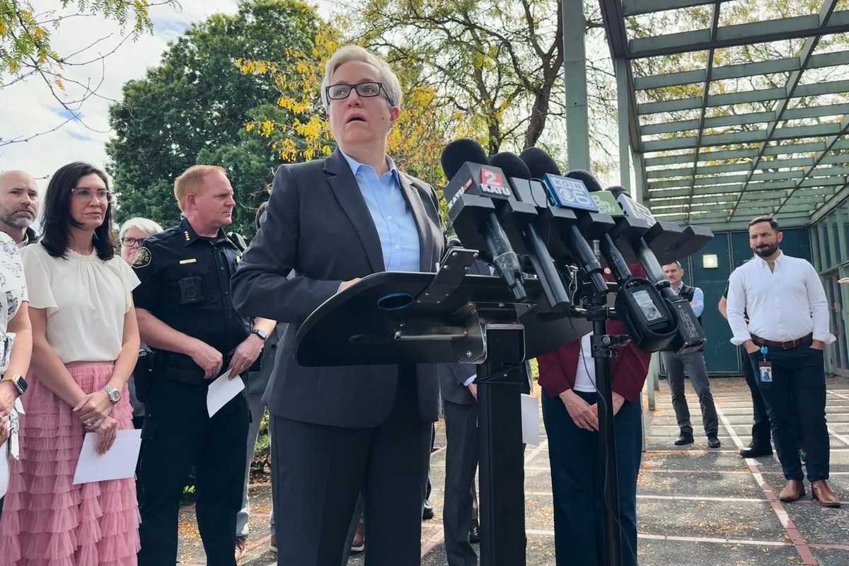 Democratic Oregon Gov. Tina Kotek speaks at a news conference in Portland, Ore., on Saturday, Sept. 27, 2025, after Republican President Donald Trump said he would send troops to the city. (AP Photo/C ...