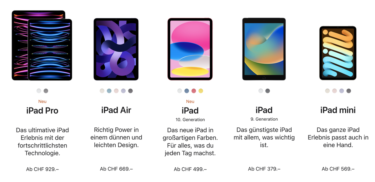 Diese iPad-Modelle führt Apple nun in der Schweiz im Sortiment.
