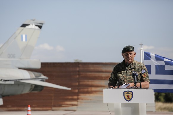 epa10180110 Chief of the Hellenic National Defence General Staff, General Konstantinos Floros speaks during a ceremony for the delivery of the newly upgraded F-16 Viper Class fighter jets at the milit ...