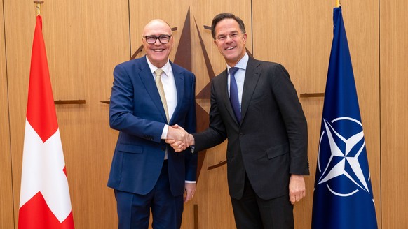 HANDOUT - NATO Secretary General Mark Rutte meets with Martin Pfister, Head of the Federal Department of Defence, Civil Protection and Sport of Switzerland at NATO Headquarters in Brussels, Belgium, o ...