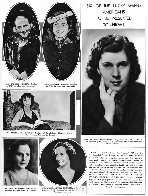 Americans presented at court, 1938 Portrait of six lucky American girls chosen to be presented at court on 11 May 1938. This small number followed the announcement that only Americans domiciled in the ...