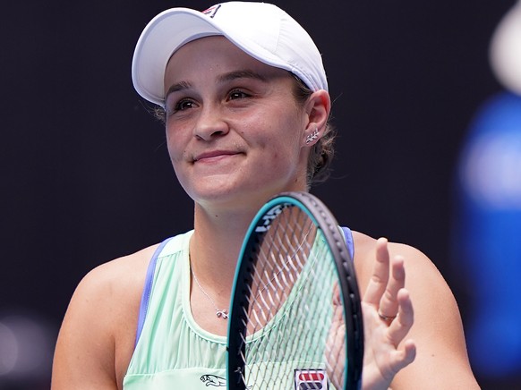 epa08149429 Ashleigh Barty of Australia reacts after winning the second round match against Polona Hercog of Slovenia at the Australian Open tennis tournament at Melbourne Park in Melbourne, Australia ...