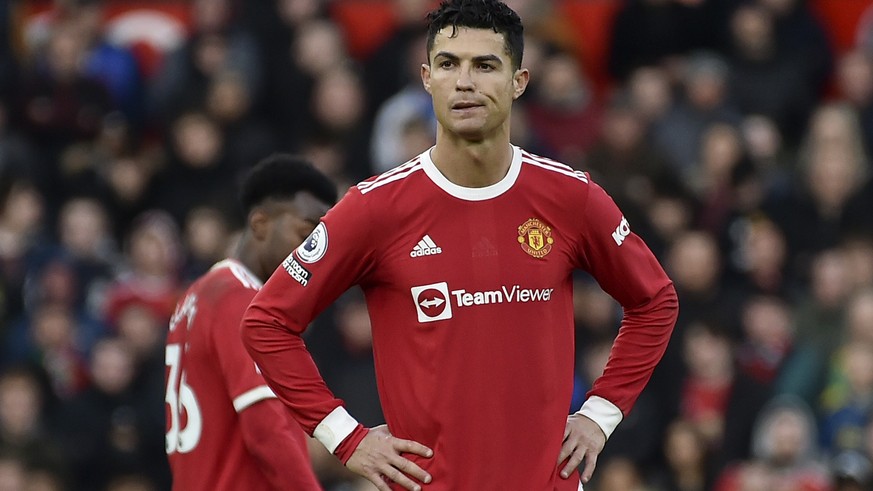 Manchester United&#039;s Cristiano Ronaldo reacts during the English Premier League soccer match between Manchester United and Watford at Old Trafford in Manchester, England, Saturday, Feb. 26, 2022.  ...