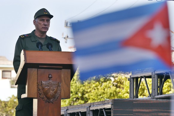 epa12894153 Cuban President Miguel Diaz-Canel speaks at an event commemorating the 65th anniversary of the proclamation of the socialist character of the Cuban Revolution, in Havana, Cuba, 16 April 20 ...