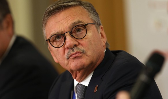 President of the International Ice hockey, Eishockey Federation IIHF Rene Fasel delivers a news conference prior to the 2020 IIHF World Junior Ice Hockey Championships bronze medal game between Sweden ...