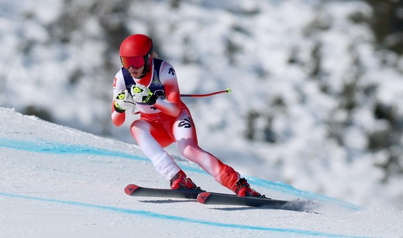 epa12715560 Malorie Blanc of Switzerland competes in the Women's Downhill of the Alpine Skiing competition, at the Milano Cortina 2026 Winter Olympic, Tofane ski centre in Cortina d'Ampezzo, ...