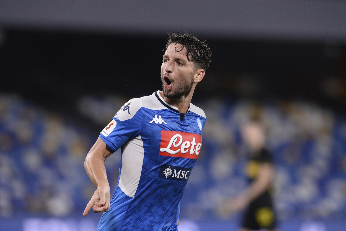 Napoli's Dries Mertens celebrates scoring his side's opening goal during the Italian Cup second leg semifinal soccer match between Napoli and Inter Milan, at the Naples San Paolo Stadium, It ...