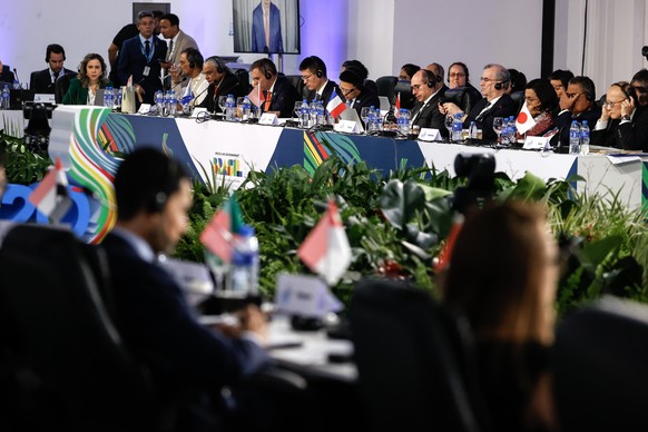 epa11187056 Participants attend the meeting of the G20 Economy Ministers in Sao Paulo, Brazil, February 28, 2024. The Group of Twenty (G20) Economy and Finance Ministers, as well as the governors of the central banks, meet in ...