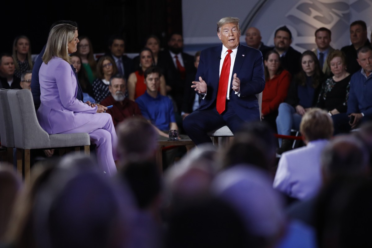President Donald Trump speaks during a FOX News Channel Town Hall, co-moderated by FNC's chief political anchor Bret Baier of Special Report and The Story anchor Martha MacCallum, in Scranton, Pa ...