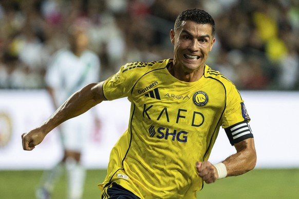 Al Nassr&#039;s Cristiano Ronaldo in action during the Saudi Super Cup final soccer match between Al Ahli and Al Nassr at the Hong Kong Stadium in Hong Kong, Saturday, Aug. 23, 2025. (AP Photo/Chan Lo ...