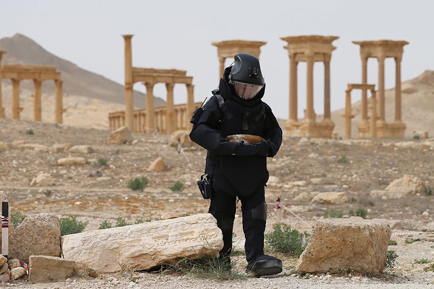 Russische Armeepioniere entschärfen Mienen in Palmyra im April 2016.