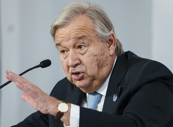 United Nations Secretary General Antonio Guterres speaks during a press conference in Rome, Friday, Oct. 29, 2021. Guterres stepped up his cries of alarm that the Glasgow climate meeting, which begins ...