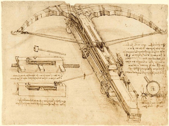 Konstruktionszeichnung einer Riesenarmbrust mit gespannter Doppelsehne von Leonardo da Vinci, ca. 1500.
https://commons.wikimedia.org/wiki/Category:Codex_Atlanticus_(F0149)?uselang=de#/media/File:Codi ...