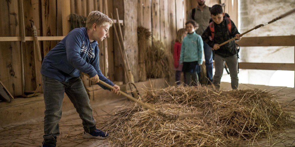 Kinder können sich am «Fest der Feste» im Heudreschen üben.