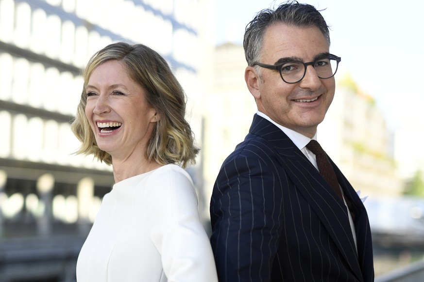 Christian Jungen, right, Artistic Director Zurich Film Festival and Elke Mayer,left, Managing Director Spoundation Motion Picture presents the program of the 16th edition of the festival during a pres ...