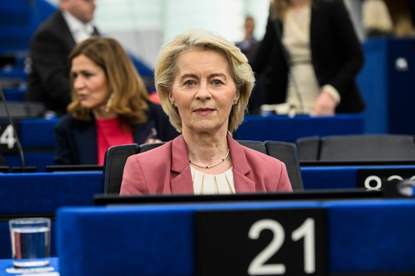 European Commission President Ursula von der Leyen attends a joint debate on the European Council and the situation in the Middle East, at the European Parliament in Strasbourg, eastern France, Wednes ...
