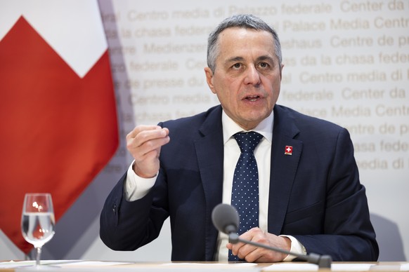 Federal Councilor Ignazio Cassis speaks during a media conference of the Federal Council on Wednesday, November 1, 2023 in Bern.  The Federal Council condemns the terrorist acts committed by Hamas since October 7...