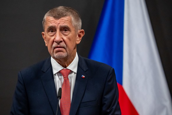 epa12894416 Czech Prime Minister Andrej Babis attends a joint press conference with North Atlantic Treaty Organization (NATO) Secretary General Mark Rutte (not pictured) after their meeting in Prague, ...