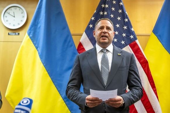 epa12544546 Head of the Office of the President of Ukraine Andriy Yermak, and US Secretary of State Marco Rubio (not pictured), talk to the press as their consultations continue on the Trump peace pla ...