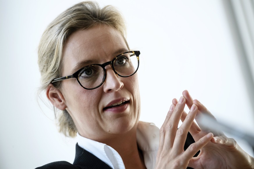 epa06168282 The co-top candidate for the general elections of the German right-wing populist party Alternative for Germany (AfD), Alice Weidel, during a press conference in Berlin, Germany, 28 August  ...