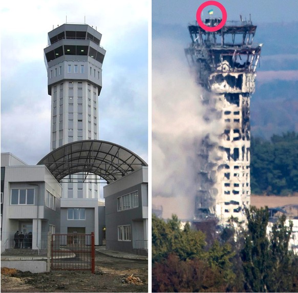 Donezk Airport Tower, vorher und nachher.