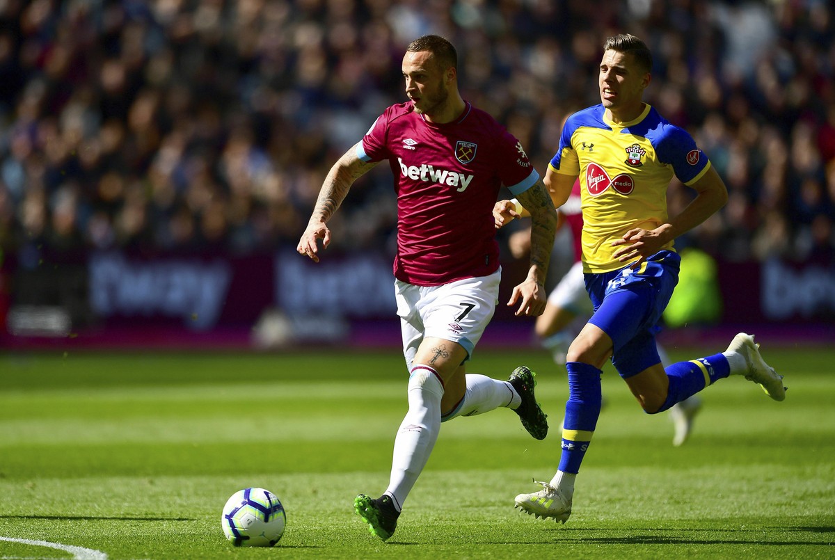 West Ham United's Marko Arnautovic, left, in action during their English Premier League soccer match against Southampton at London Stadium in London, Saturday, May 4, 2019. (Victoria Jones/PA via ...