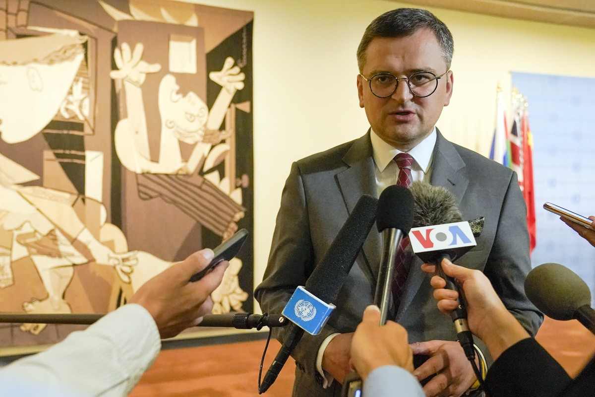 Ukraine's Foreign Minister Dmytro Kuleba speaks to reporters after a high level Security Council meeting on the situation in Ukraine, Thursday, Sept. 22, 2022 at United Nations headquarters. (AP  ...