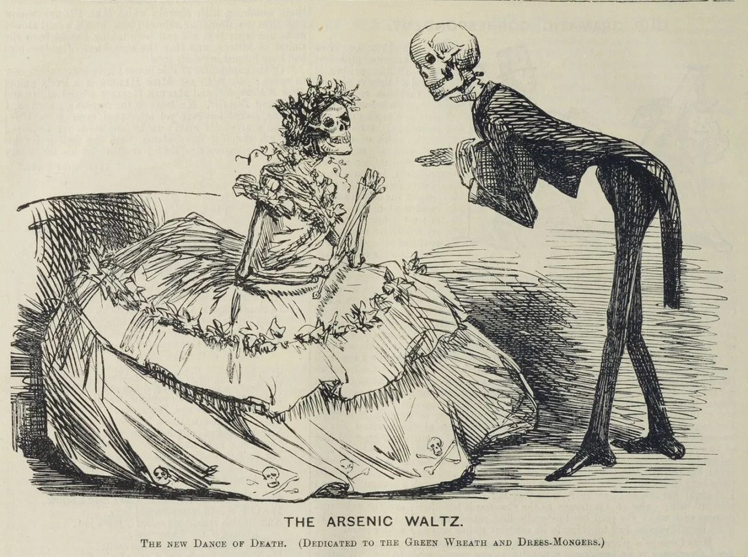 «Gewidmet den Händlern von grünen Kränzen und Kleidern»: Das britische Satiremagazin Punch illustriert die Problematik mit den synthetischen Farbstoffen als Totentanz, 1862.
https://heidicon.ub.uni-he ...