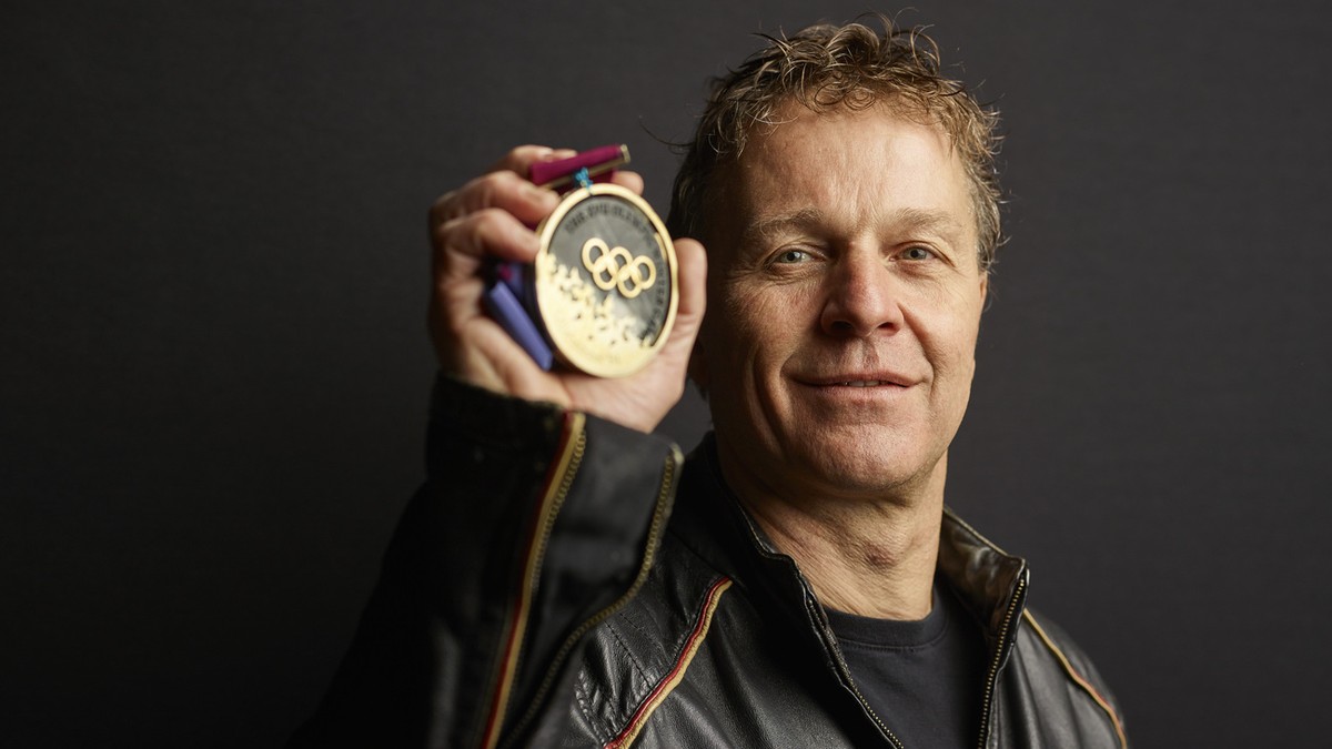 Andreas "Sonny" Schoenbaechler, former Swiss freestyle skier, portrayed with his Olympic gold medal on his farm in Rifferswil, Canton of Zuerich, Switzerland, on January 12, 2018. He won his ...