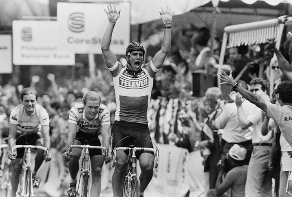Olympic gold medalist Eric Heiden raises his hands in victory at the finish line of the Core States U. S. Pro Cycling Championship Race, Sunday, June 23, 1980, Philadelphia, Pa. Heiden earned $20,000  ...