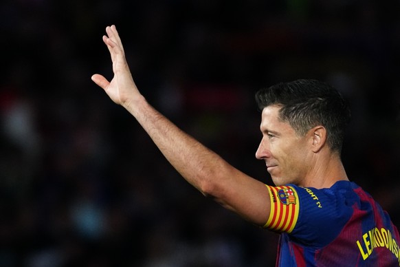 Barcelona's Robert Lewandowski reacts during the Spanish La Liga soccer match between Barcelona and Betis in Barcelona, Spain, Sunday, May 17, 2026. (AP Photo/Joan Mateu Parra)
Spain La Liga Socc ...
