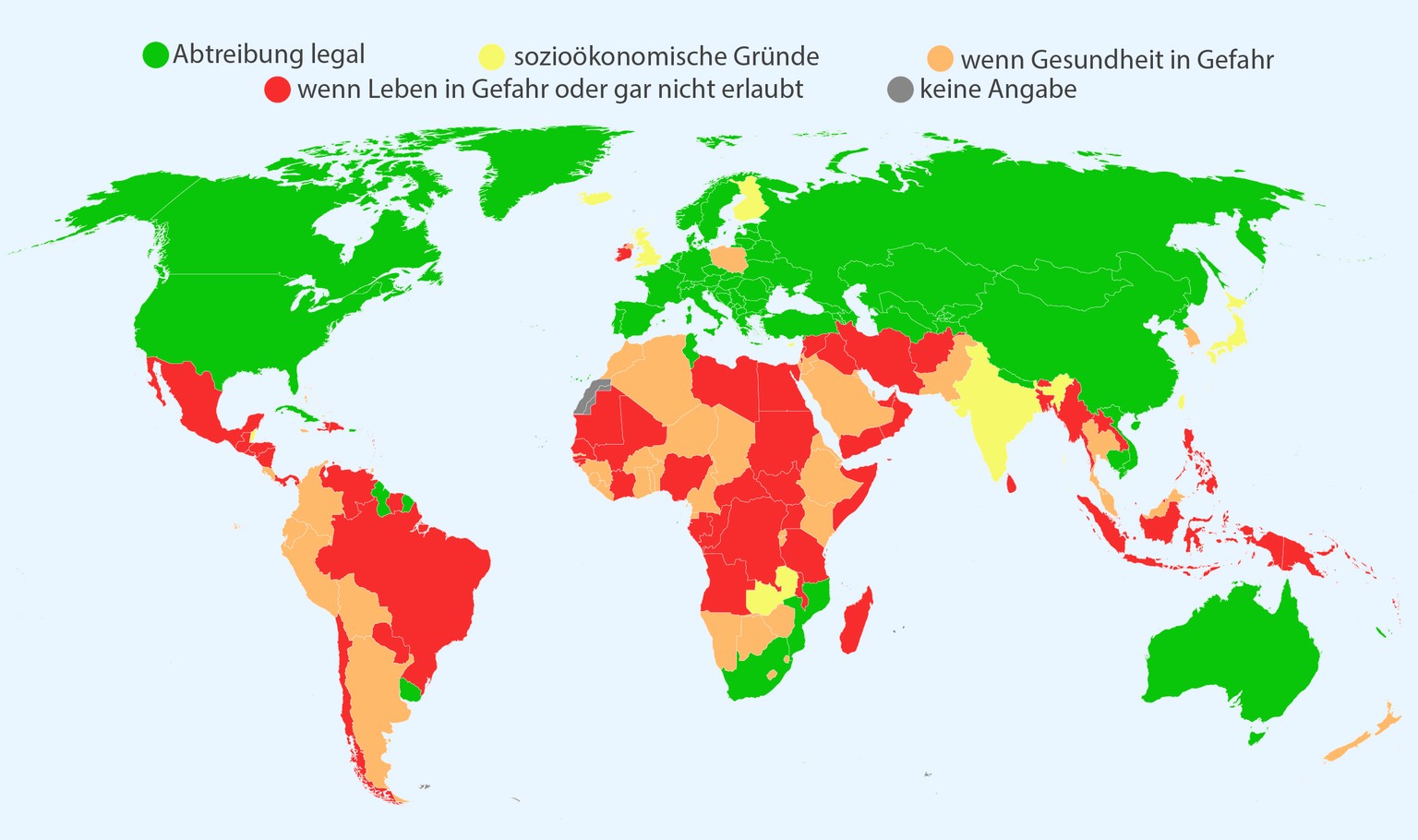 Die Farben zeigen den aktuellen Stand. Irland beispielsweise stimmte im Mai 2018 für eine Lockerung des Gesetzes und dürfte dadurch «grün» werden. Erklärungen zu den Farbgruppen unten.