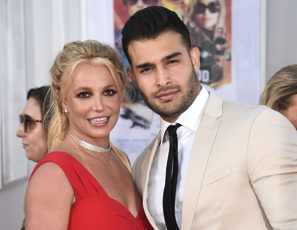 FILE - Britney Spears and Sam Asghari appear at the Los Angeles premiere of "Once Upon a Time in Hollywood" on July 22, 2019. Spears has married her longtime partner Sam Asghari at a Souther ...