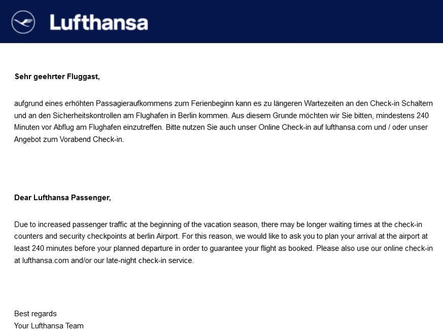 Dieses E-Mail verschickte die Lufthansa an ihre Fluggäste.