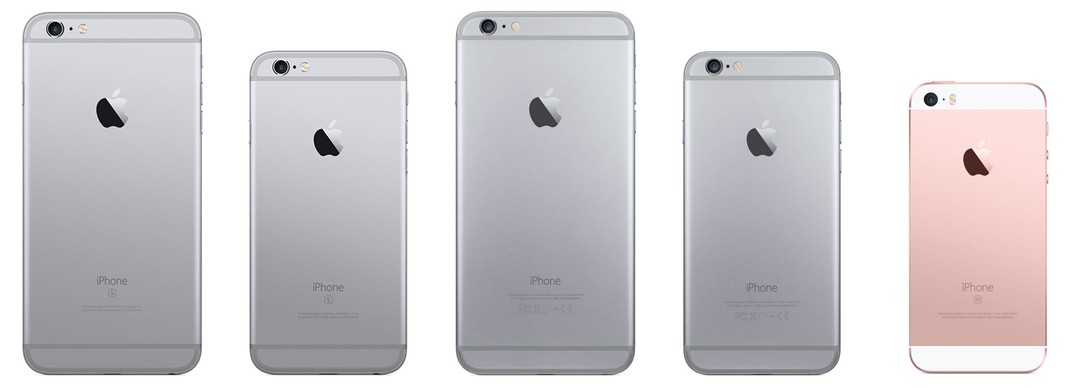 Das aktuelle iPhone-Portfolio – vom 6S Plus und 6S über das 6 Plus und 6 zum SE (v.l.).