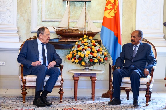 epa10432764 A handout photo made available on January 27 by the Russian Foreign Ministry Press Service shows Russian Foreign Minister Sergei Lavrov (L) and Eritrean President Isaias Afewerki during th ...