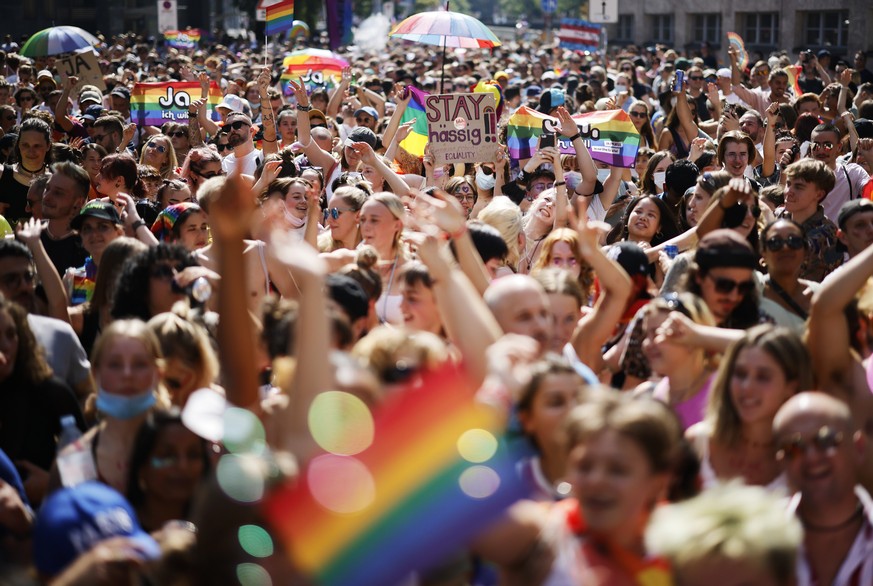 People demonstrate at the Zurich Pride parade in Zurich, Switzerland, with the slogan &quot;Dare. Marriage for all, now!&quot; (Trau Dich. Ehe fuer alle. Jetzt!) for the rights of the LGBTIQ community ...