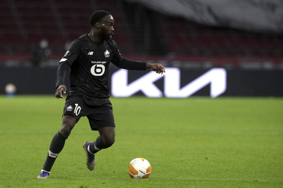 Lille's Jonathan Ikone in action during the Europa League round of 32 second leg soccer match between Ajax and Lille at the Johan Cruyff ArenA in Amsterdam, Netherlands, Thursday, Feb. 25, 2021.  ...
