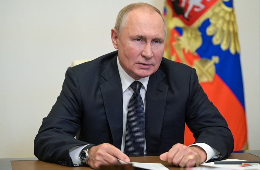 Russian President Vladimir Putin speaks during a meeting with St. Petersburg&#039;s governor Alexander Beglov via videoconference at the Novo-Ogaryovo residence outside Moscow, Russia, Friday, Sept. 1 ...