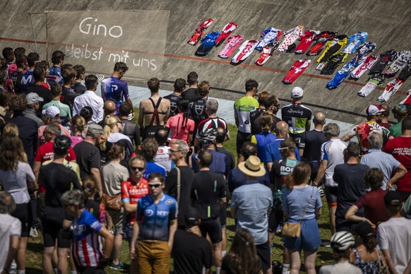 Riders and friends attend a mourning celebration to honor deceased racer Gino Maeder of Switzerland on the open racetrack &quot;Offene Rennbahn&quot; in Zurich Oerlikon, Switzerland, on Saturday, June ...