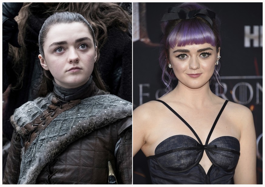 This combination photo shows Maisie Williams at HBO's &quot;Game of Thrones&quot; final season premiere in New York on April 3, 2019, right, and her character Arya Stark. (Photos by HBO, left, and Eva ...