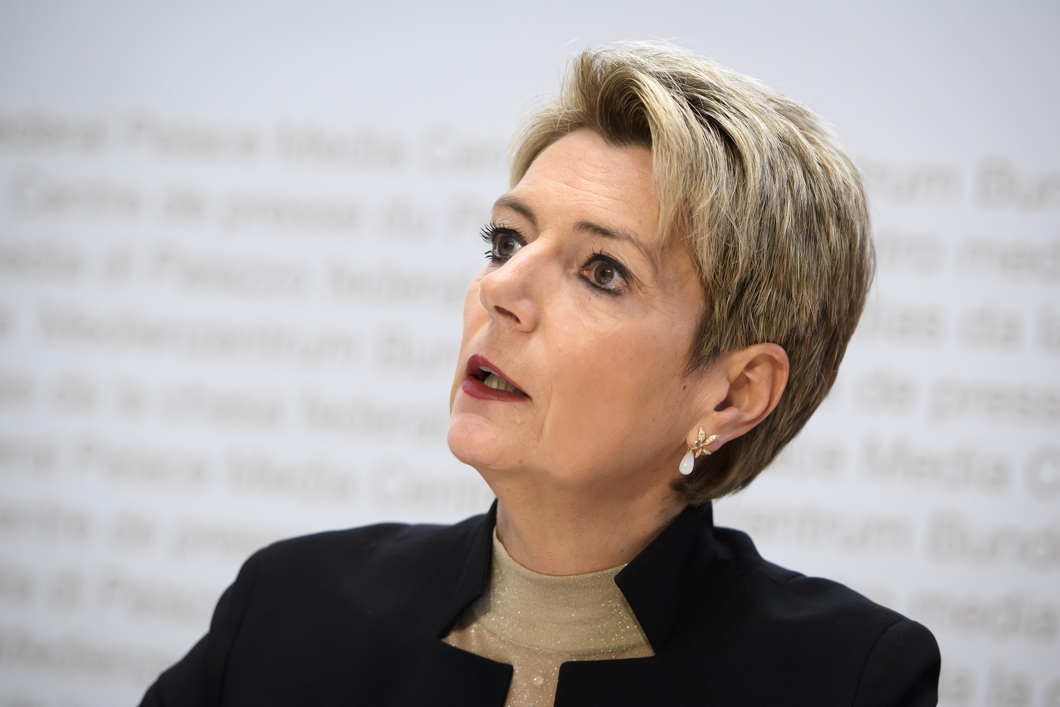 Swiss Federal councillor Karin Keller-Sutter briefs the media about the latest measures to fight the Covid-19 Coronavirus pandemic, in Bern, Switzerland, Monday, March 16, 2020.(KEYSTONE/Anthony Anex)