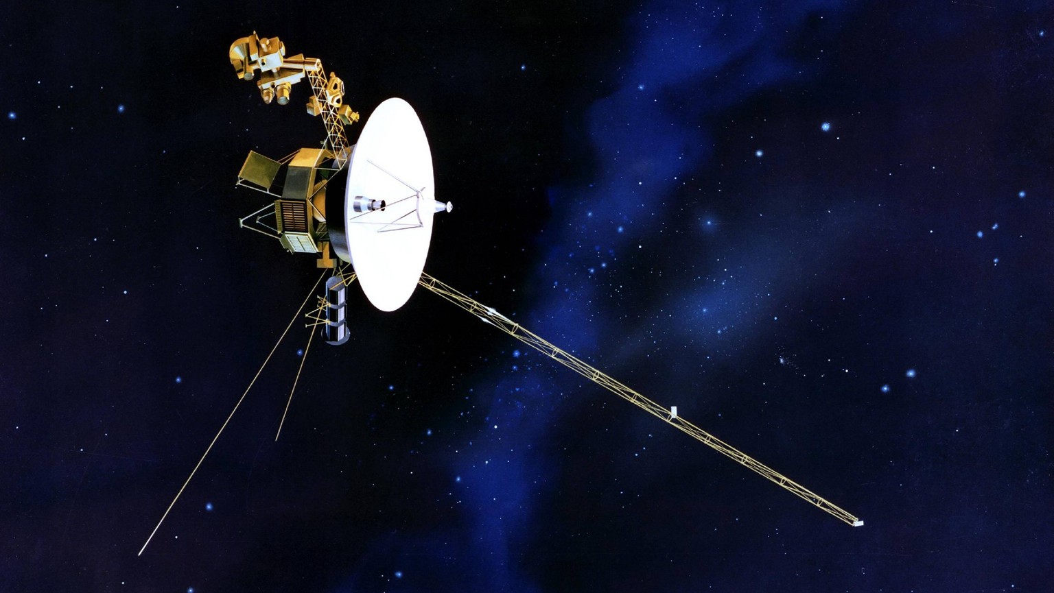 This image, released by NASA, details an artist s concept of the NASA Voyager 1 spacecraft with its antenna pointing towards Earth. The twin Voyager 1 and 2 spacecraft are exploring where nothing from ...