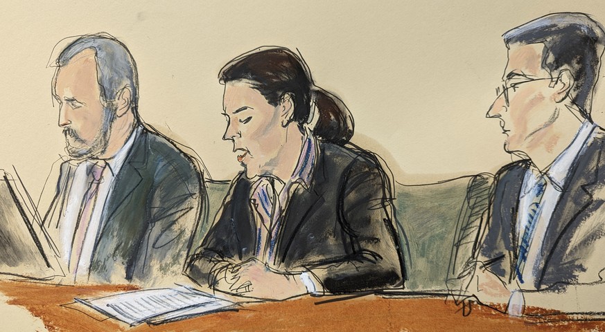 In this courtroom sketch, Magali Anderson, Chief Sustainability and Innovation Officer of Holcim, center, reads a statement of guilt in open court flanked by her attorneys, David Sarratt, left, and Do ...