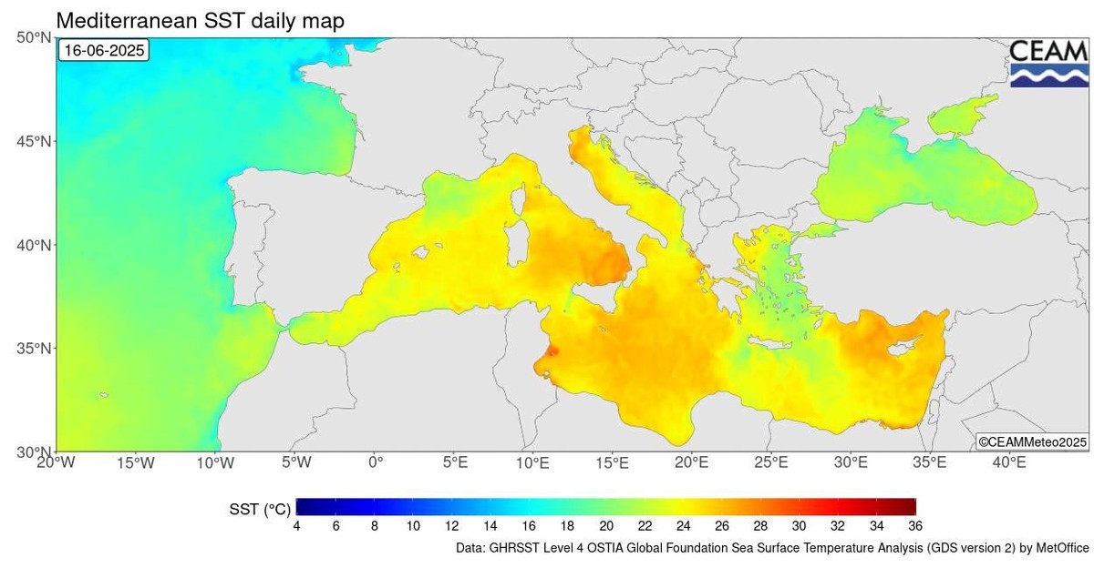Die Oberflächentemperatur im Mittelmeer Mitte Juni 2025.